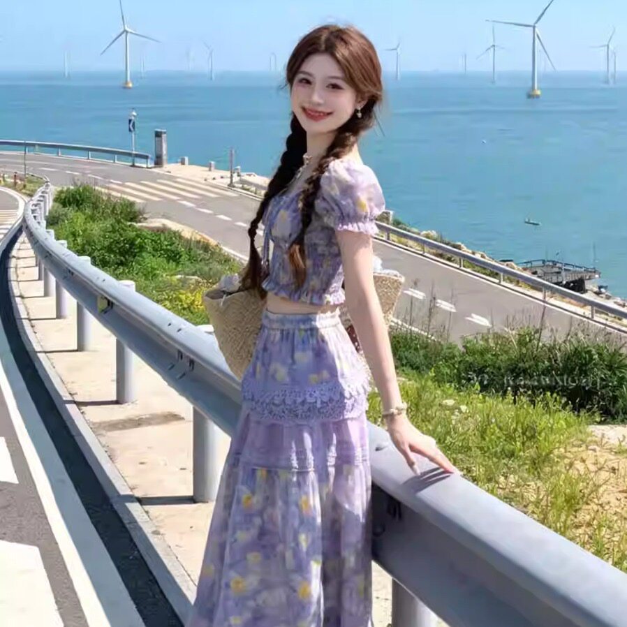 2026显瘦紫色碎花套装连衣裙