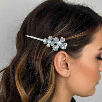 轻奢满钻水晶高档新款四叶花朵一字夹韩版时尚发夹网红气质边夹