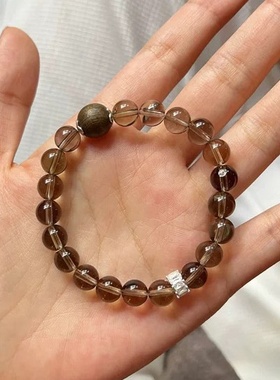 天然茶晶手串檀木球饰品落日黄水晶小众时髦送女友手链礼物