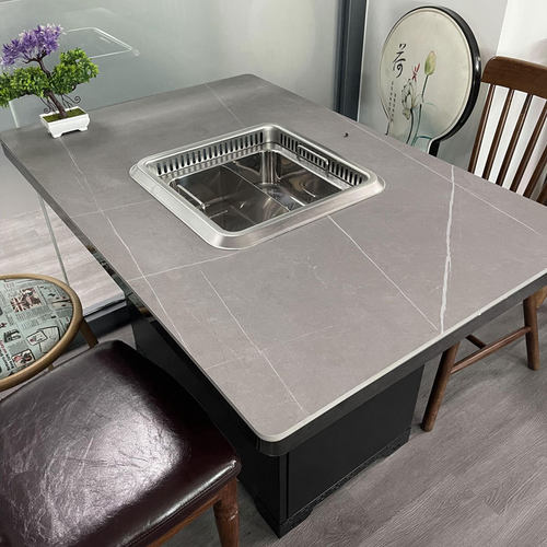 商用无烟火锅桌椅成套带电磁炉一体大理石纹桌鸳鸯火锅炉净化设备