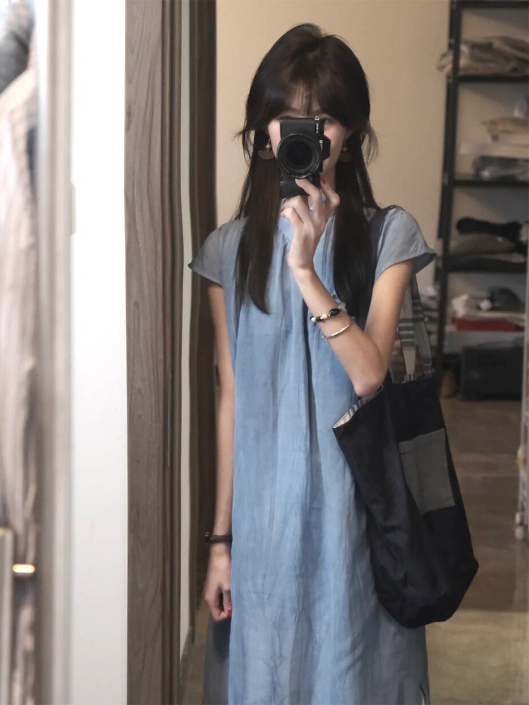 New Chinese style button dress for women, summer blue A-line skirt, slim and relaxed long skirt