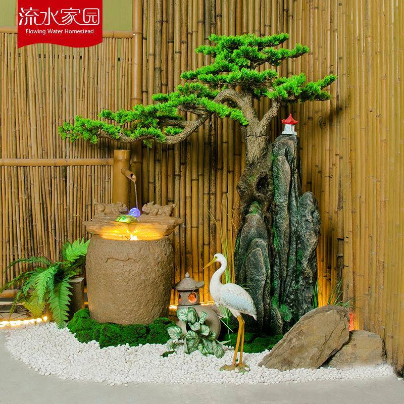 室内景观造景流客厅玄关UUG室别墅迎楼梯下布置客茶松水景水装饰