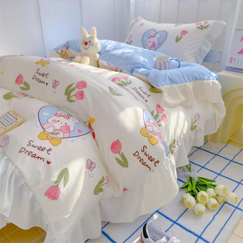 新主款公风A类水洗棉亲肤柔软双套层四纱可机VCX洗学生床单三件件