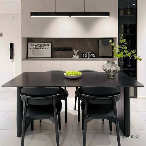岩板餐桌式椅合意纯黑色户型家用组极简64866现代简约轻奢长方形
