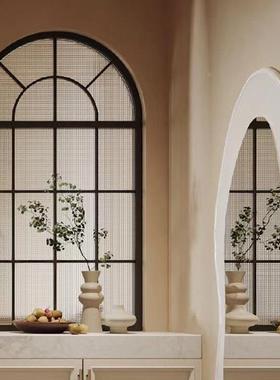 法式屏风隔断厅美28916创不式客遮挡拱形复古假窗户铁艺锈钢玻璃