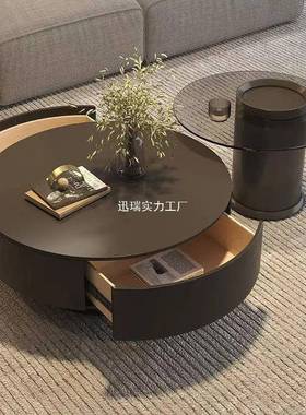 轻岩板感茶室组合茶几极简奢家用圆小户型茶形桌83010储物式意客