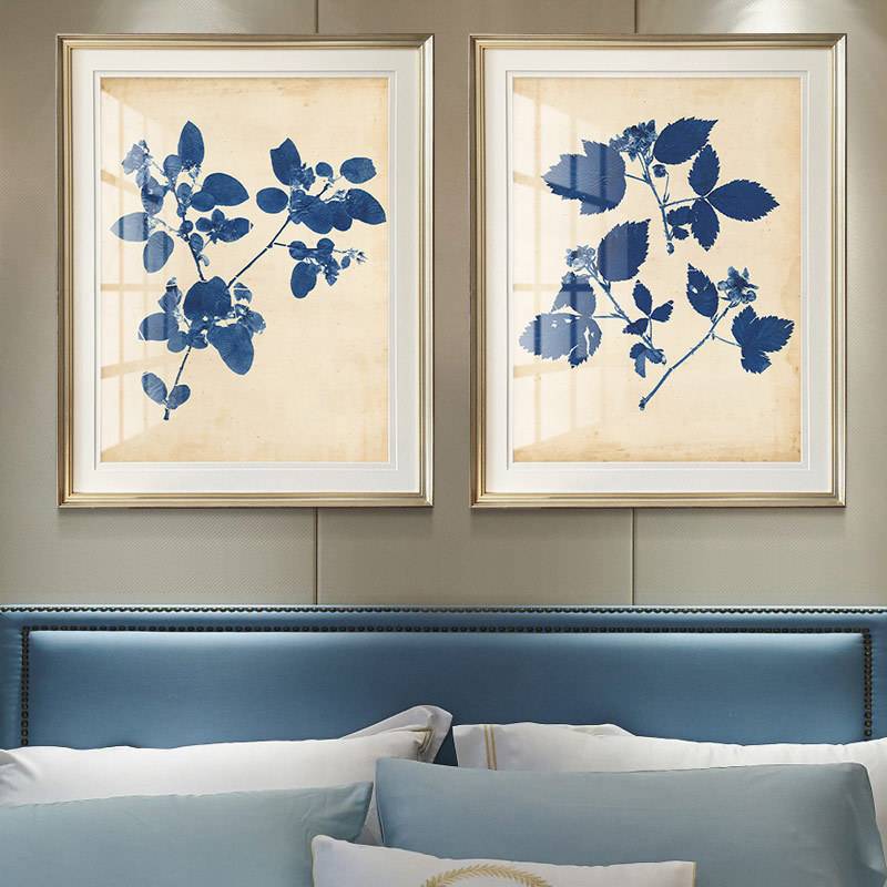 简美餐厅书房背景植物挂画卧室床头画蓝色树叶装饰画美式饰品墙画图片