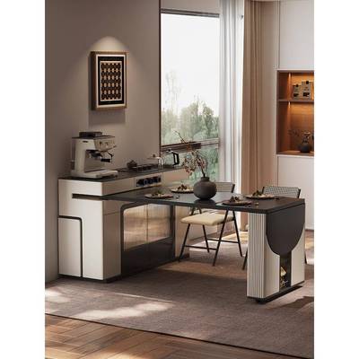 实木转多旋能712岩板导倒岛台小户可伸缩功折叠餐桌餐型边柜一体