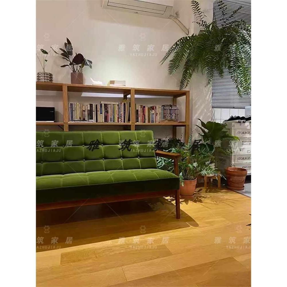 日式 karimoku60实木沙发复古绿色丝绒布艺休闲小沙发小户型客厅