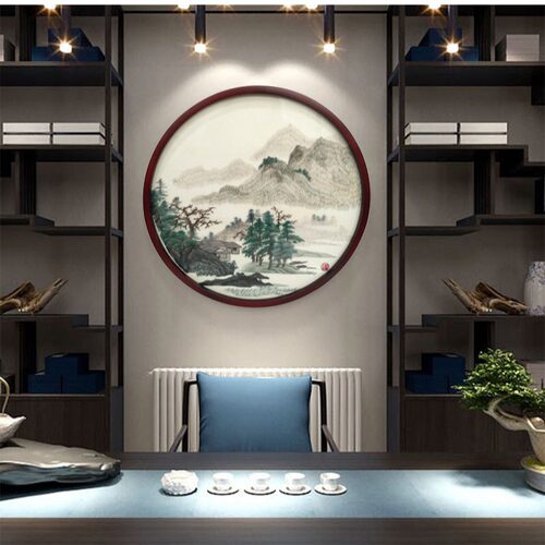 紫金湘绣圆形挂画刺绣新中式玄关装饰画荷花山水走廊壁画纯手工