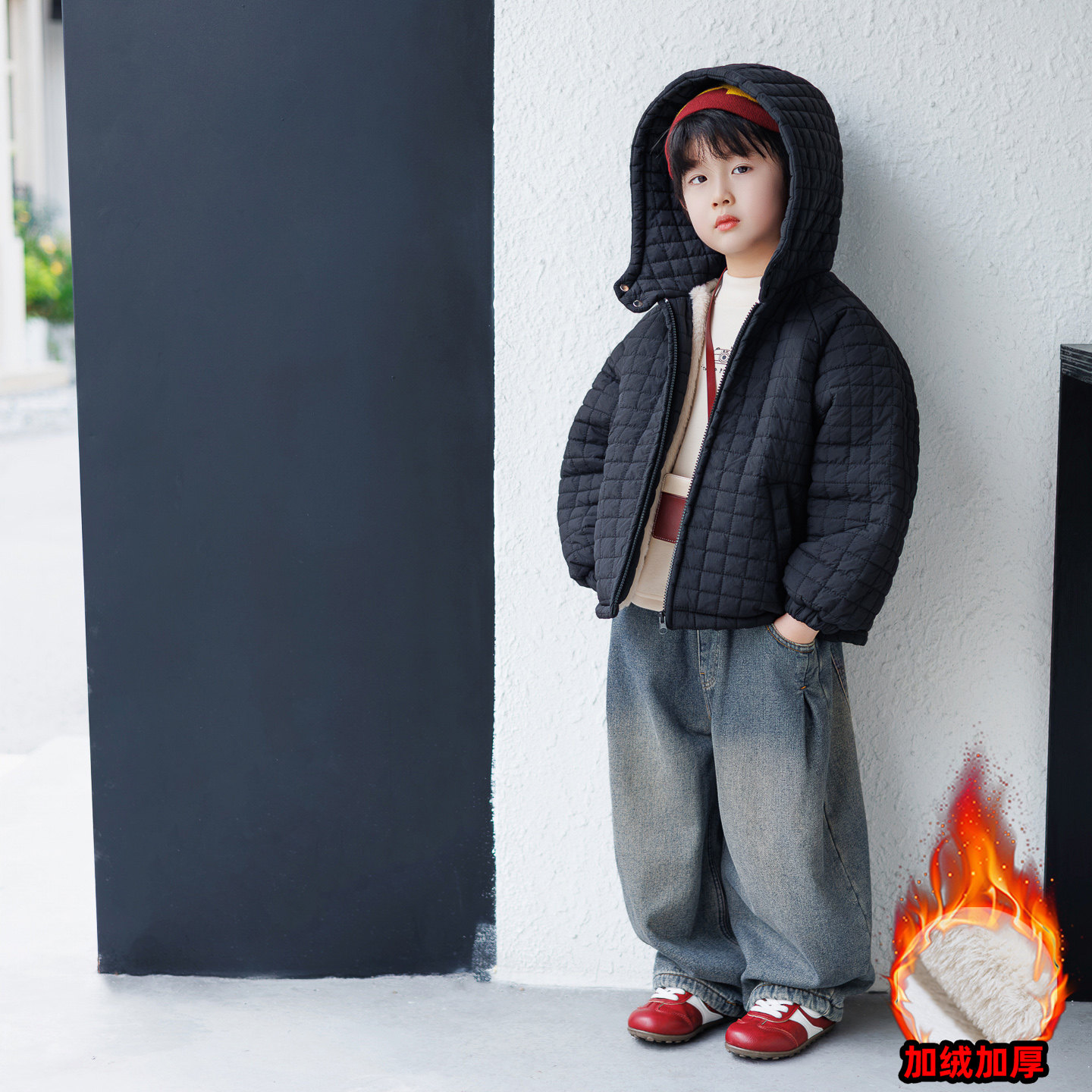 男童秋冬加绒加厚休闲帅连帽棉服