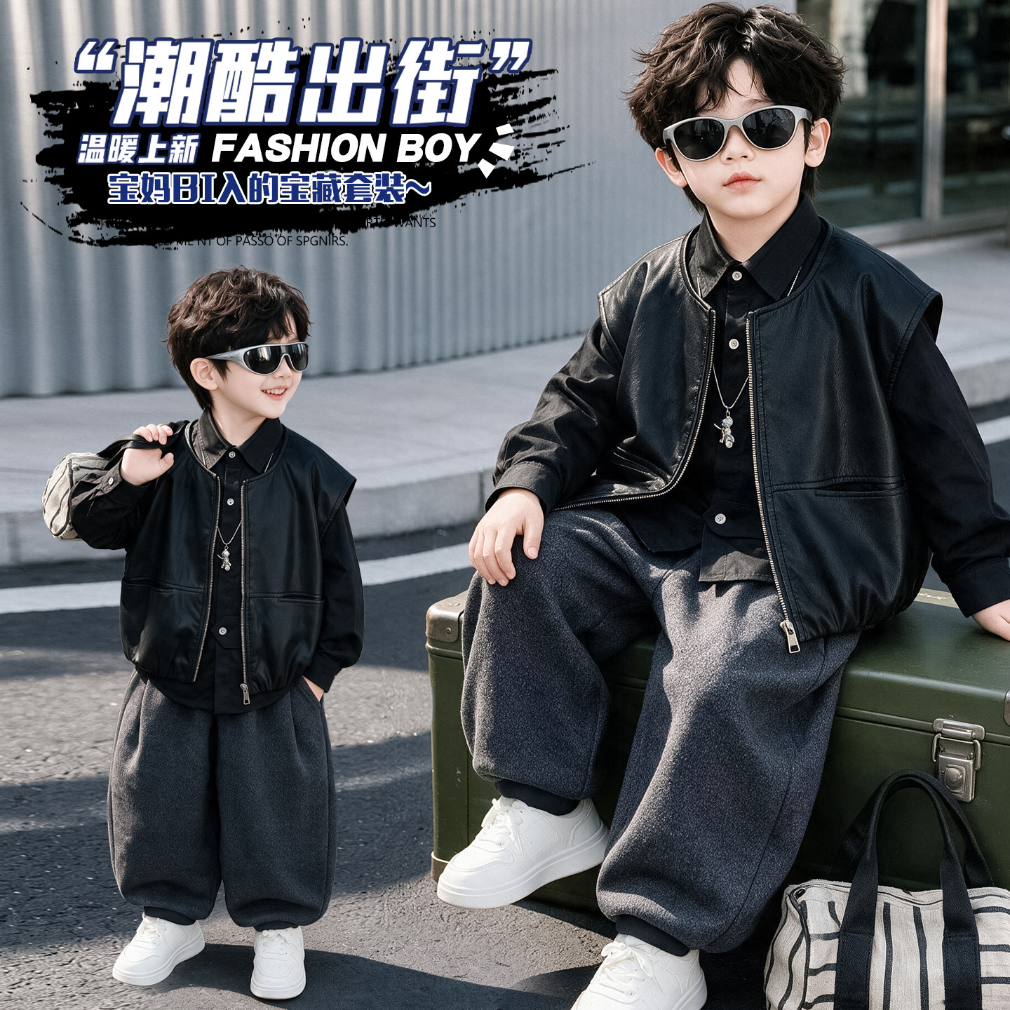 男童春秋痞帅时髦皮衣马甲三件套