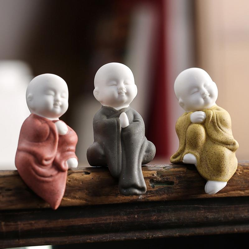 禅意小沙弥假山盆景鱼缸造景多肉装饰创意可爱迷你陶瓷小和尚摆件