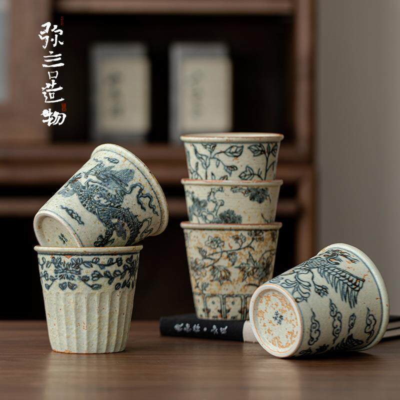 弥言纯手作复古大号主人杯青花家用可乐杯办公室茶杯功夫茶具日式
