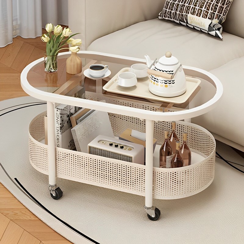 可移动茶几奶油风玻璃边几客厅轻奢家用沙发侧边柜简约带轮小推车