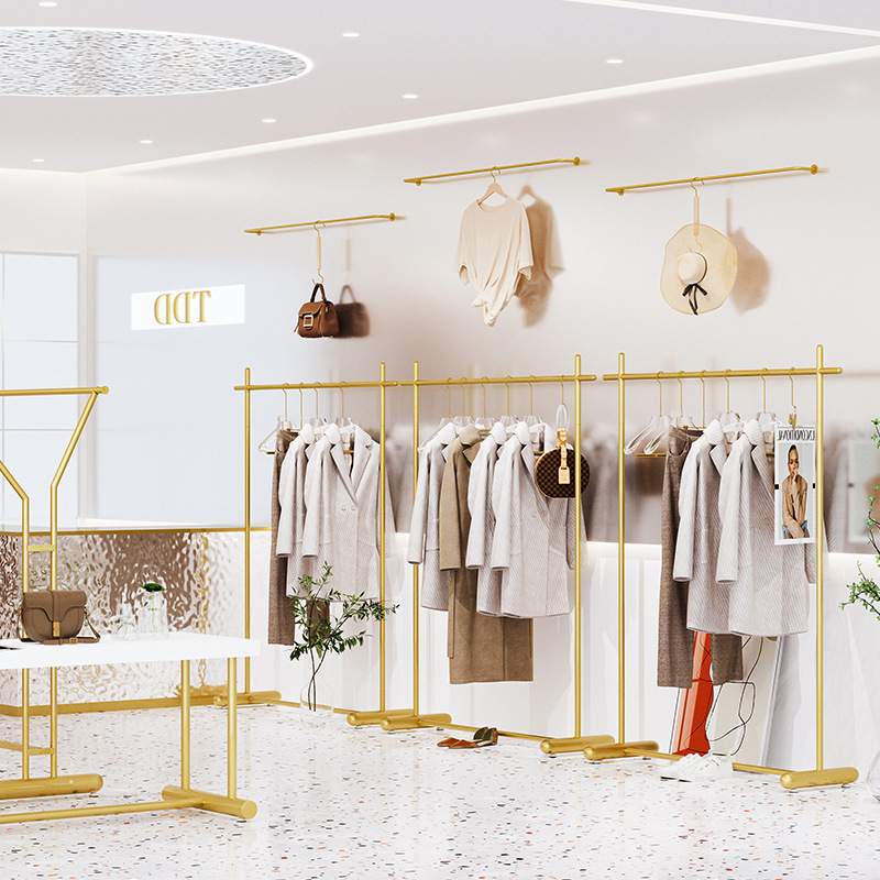 服装店陈列架女装货架落地陈列道具侧挂铁艺黄色展示架韩风挂衣架
