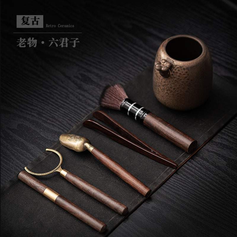 茶具配件鸡翅木纹茶道六君子粗陶茶筒茶夹茶勺茶针整套泡茶工具