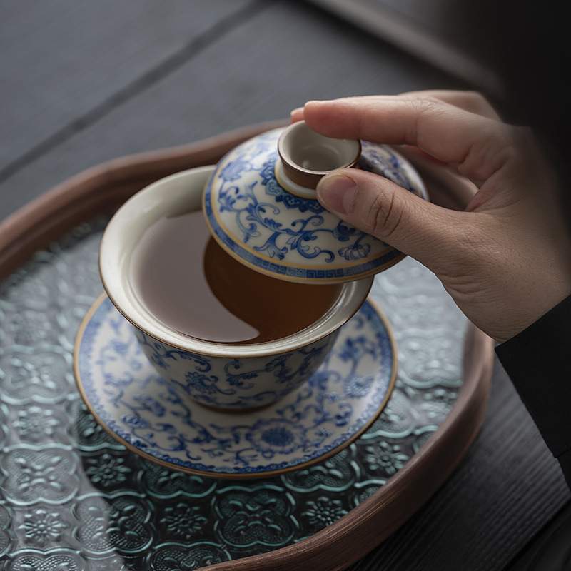 景德镇青花缠枝莲汝窑三才盖碗单个大号不烫手陶瓷功夫敬茶碗中式