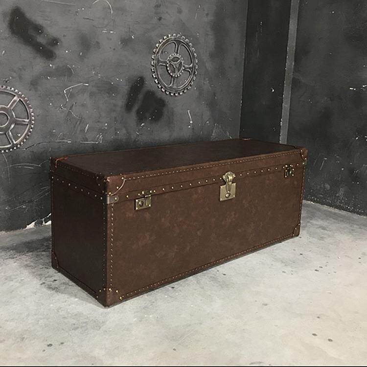 美式复古皮艺茶几两三抽loft工业风个性做旧铝皮铆钉藤条异形茶桌