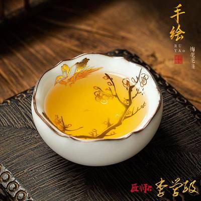 李学级梅花杯汝窑白暇茶杯手绘梅兰竹菊品茗杯汝瓷主人杯单杯茶盏