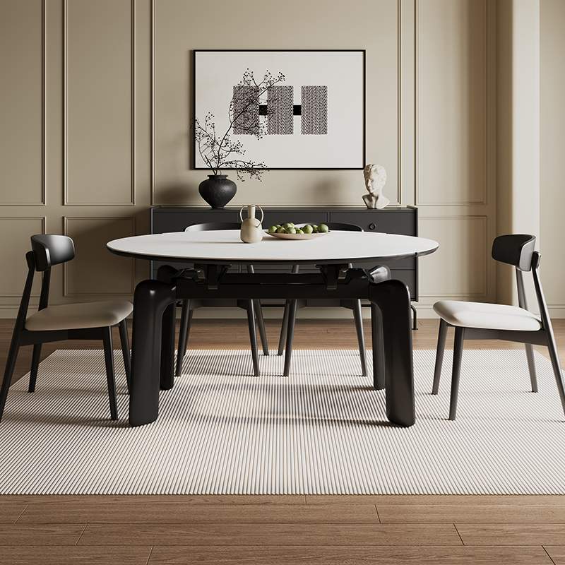 奶油风德利丰纯白实木岩板可伸缩折叠餐桌家用方圆两用可变圆桌