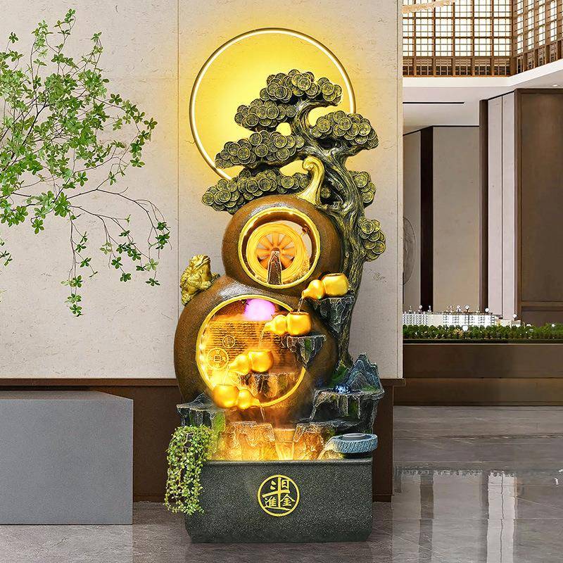五福临门假山流水招财摆件电视柜喷泉水景观客厅中式葫芦孔雀装饰