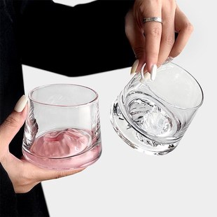 速发粉色富士山杯子观玻杯冰山杯日式 喝山璃杯风水威士忌酒杯