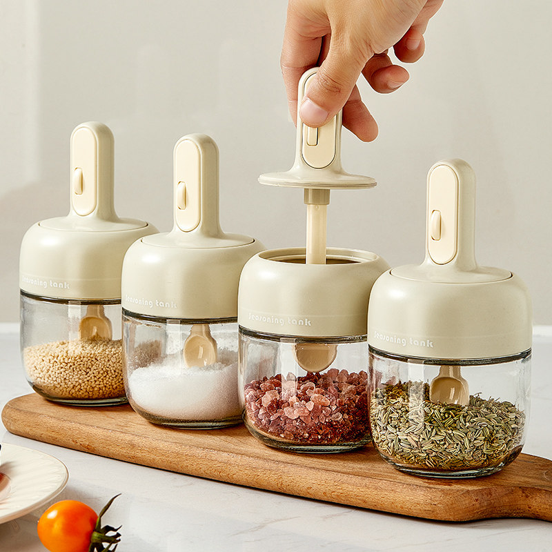 速发玻璃伸缩盐罐调料盒勺盖一体厨房轻奢调味瓶撒封瓶定量密料调