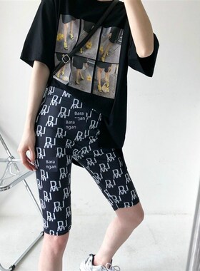 速发新款韩版满印字骑印花五母打底裤弹力高腰洋气百搭短裤分行