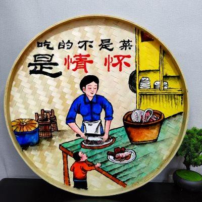 竹编竹制品手绘簸箕画餐馆饭店墙面装饰圆形挂件农庄农家乐墙壁饰图片