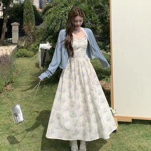 套装 微胖mm夏季 复古高腰显瘦碎花吊带连衣裙防晒开衫 新款 女 法式