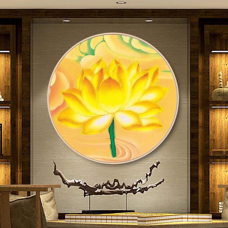 速发荷花图茶室背景墙挂画镇宅卫生间莲花壁画入户玄关圆形装饰画图片