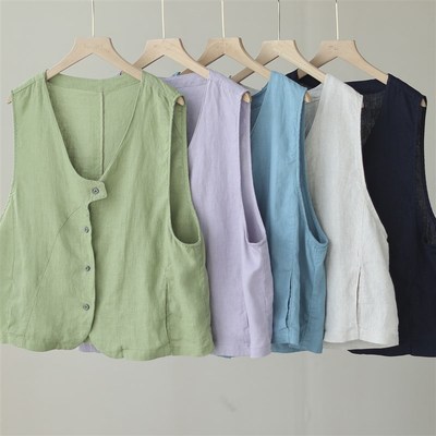 速发棉麻马甲士纯色简约休闲坎肩外背宽松百搭薄款亚麻马夹上心穿