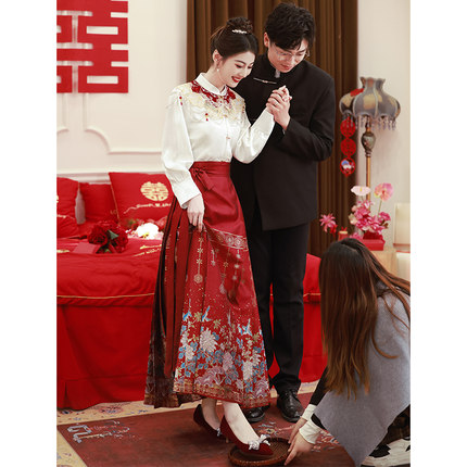 现货速发新中式马面裙套装旗袍敬酒服新娘红色订婚礼服秋冬季结婚