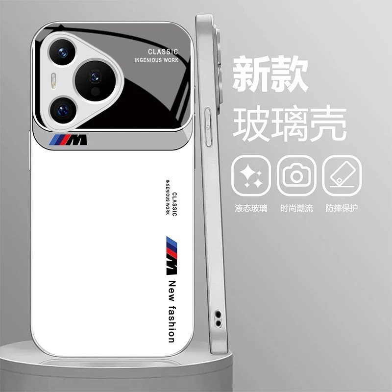 简约宝马玻璃壳适用华为pura70Pro手机壳新款简约高级感o60/p50/p40外壳时尚商务全包防摔好看手机套男款