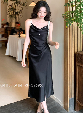 SE GENTLE SUN秀熙熙2025夏款高级感名媛风缎面钉珠吊带裙子88270