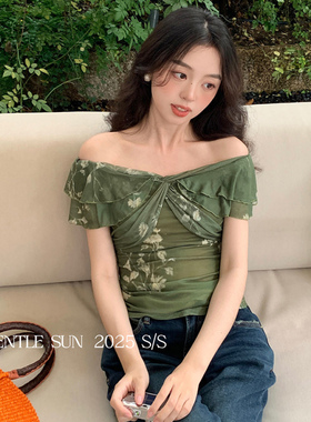 秀熙熙2025夏款法式小众一字领雪纺衫甜美减龄荷叶袖女衬衣89393