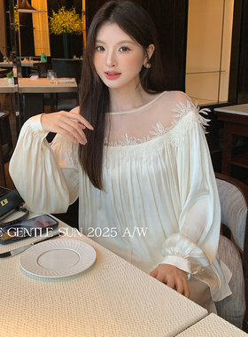 SE GENTLE SUN秀熙熙2025秋款法式女人味气质透肩雪纺衫上衣89480