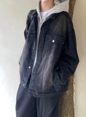 TEN EMPTY秋冬黑色牛仔外套宽松日韩无性别休闲百搭复古翻领长袖