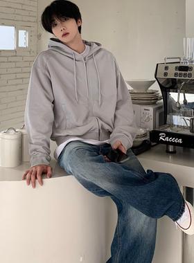 TEN EMPTY秋冬短款灰色卫衣开衫日韩纯色设计感拉链男女长袖外套