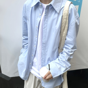 日韩宽松翻领设计感百搭无性别上衣衬衫 衬衫 EMPTY天蓝色长袖 TEN