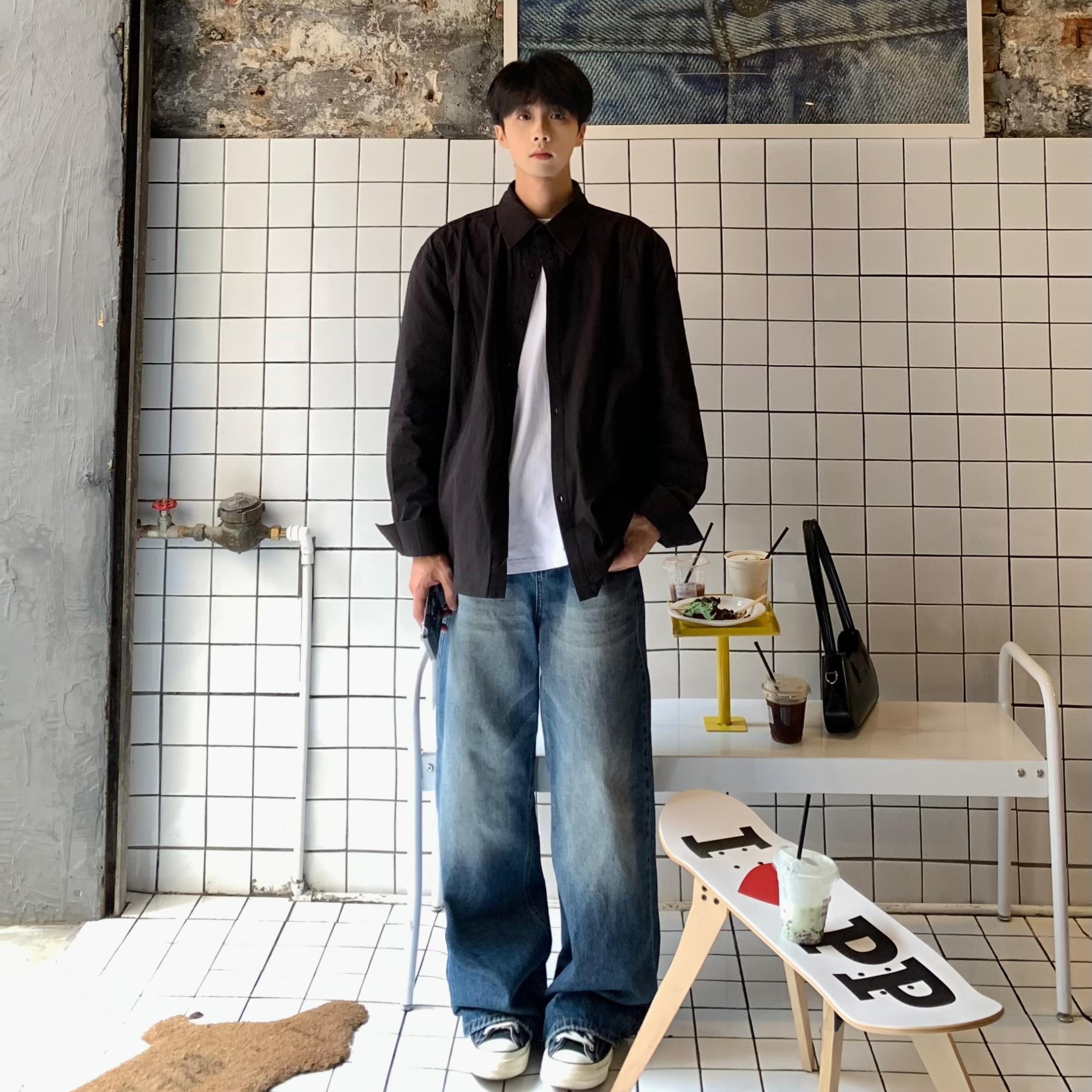 TENEMPTY日韩黑色长袖衬衫