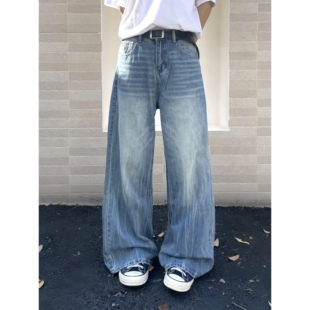 宽松休闲百搭男女长裤 TEN EMPTY冰蓝水洗闪电裂纹阔腿猫须牛仔裤