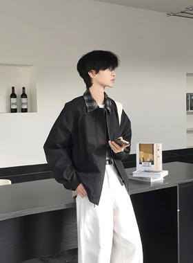 TENEMPTY秋冬假两件复古格纹拼接撞色翻领夹克男女外套潮翻领上衣