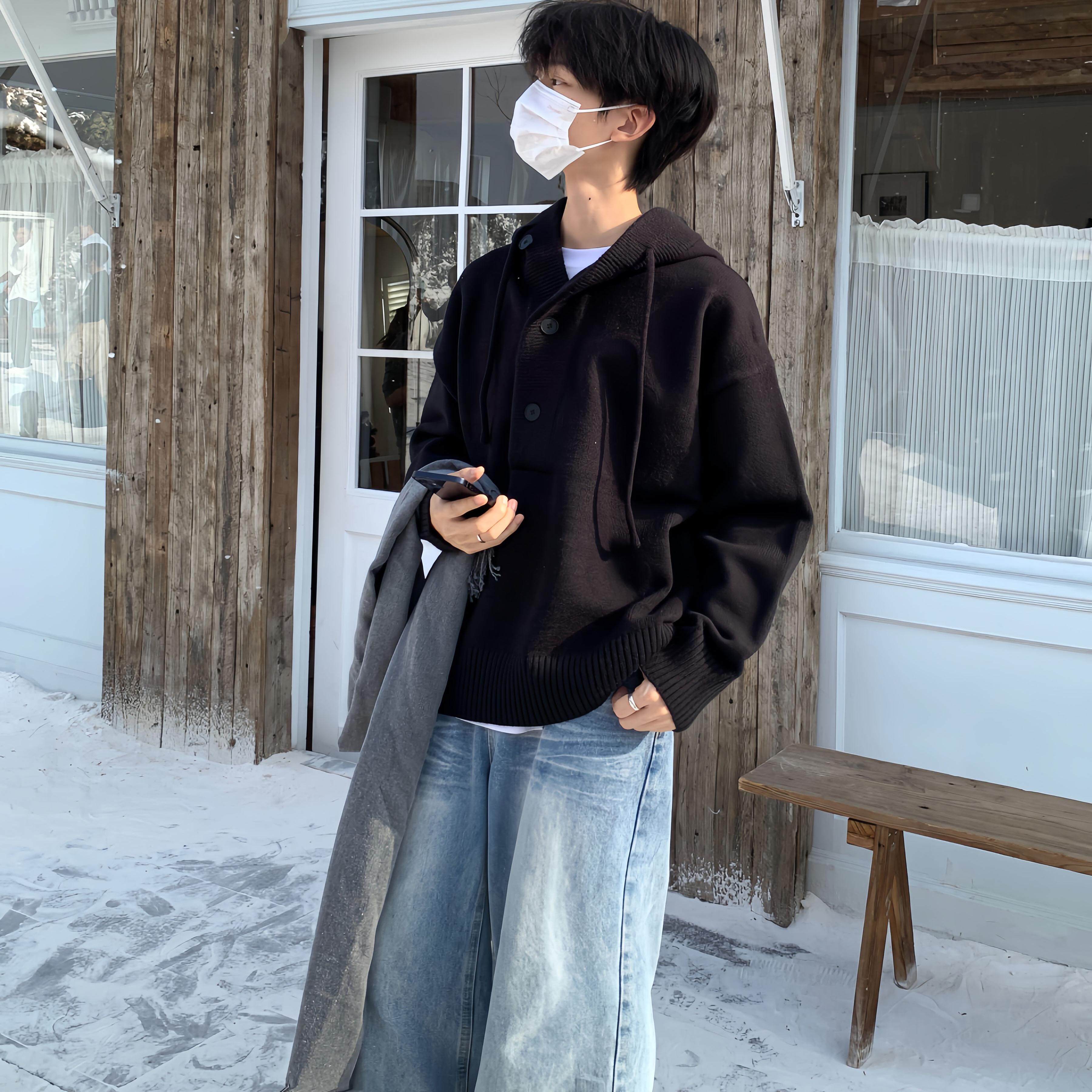 TENEMPTY黑灰连帽宽松针织衫