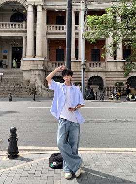 TEN EMPTY短袖条纹衬衫日系少年感休闲百搭廓形翻领无性别男女衫