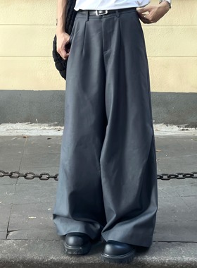 TEN EMPTY灰色褶皱设计阔腿长裤男女无性别日韩宽松休闲百搭西裤