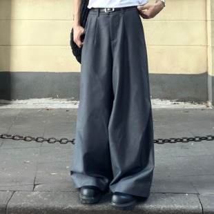 男女无性别日韩宽松休闲百搭西裤 TEN EMPTY灰色褶皱设计阔腿长裤