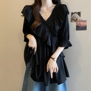 速发独边别致荷叶特V领大色夏黑码收腰中长款上衣