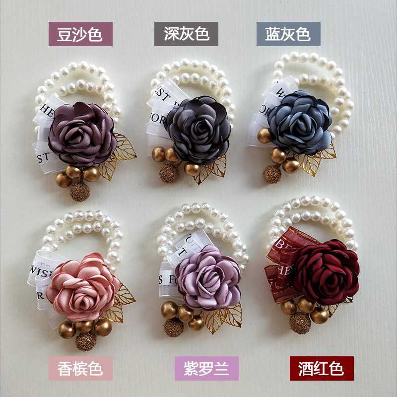 速发可链/韩式布艺烧边花朵手花/简约丝珠手批珍带新娘姐妹团伴娘